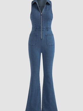 Cider Denim Zip-Front Flared Jumpsuit - Blue